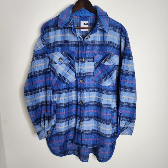 SO High Low Oversized Blue and Pink Plaid Button Up  Shacket Size M - Picture 1 of 16